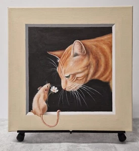Ginger Cat and Mouse with Flower Animal Original Oil Painting Nursery Wall Art - Picture 1 of 6