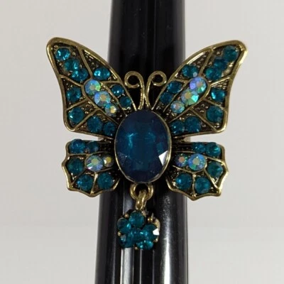 Anel Avalaya azul-petróleo borboleta com cauda pendurada ajustável bronze metal - Imagem 1 de 4