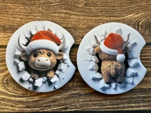 Set of 2 Custom Neoprene Car Coasters Christmas Santa Highland Cow RTS - Picture 1 of 1