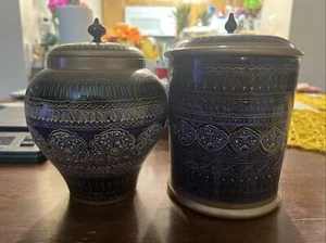 Lot Of 2 Turned Wooden Candy Jar And Cookie Jar Pencil Pot Mosaic BLUE AND GOLD - Picture 1 of 10