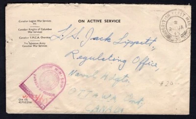 GB WW2 Military 1945 Royal Navy Censored Cover to Canada. British Fleet Mail 136 - Image 1 of 2
