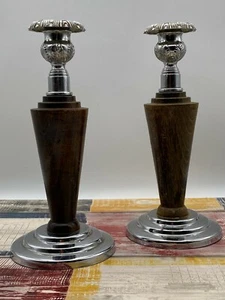 Vintage Silver Metal Wooden Candlesticks/ Candle Holders Set of Two Pair - Picture 1 of 11