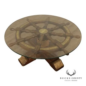 Nautical Ship's Wheel Vintage Round Glass Top Coffee Table - Picture 1 of 13