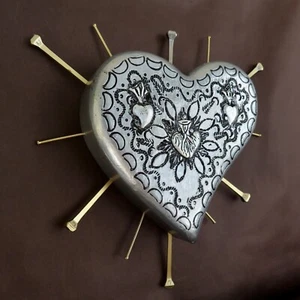 Milagros Heart Nails Silver Embossed Tin Wood Handmade Mexican Folk Art Wall Art - Picture 1 of 14