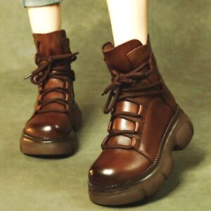 Women Thick Sole Ankle Boots Genuine Leather Round Toe Platform Creeper Oxfords