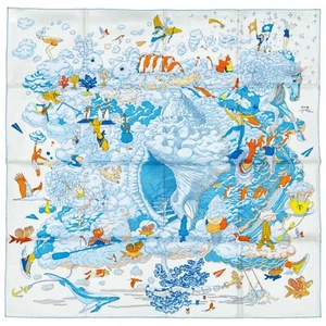 Auth. Hermes Silk Scarf Sur Mon Nuage - Creme Bleu Clair Marine New With Tag - Picture 1 of 12