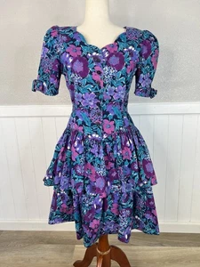 Vtg 90s 80s Womens Party Dress Tiered Sz M 7 Cotton Cottagecore Drop Waist Retro - Picture 1 of 11