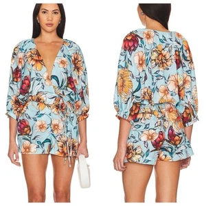 Agua Bendita Linnea Romper Doux Blue Tropical Floral Print Sz S Pockets Bohemian - Picture 1 of 8