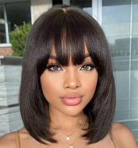 Short Layered Bob Wig Human Hair with Bangs Scalp Top Full Machine None Lace Wig - Picture 1 of 12
