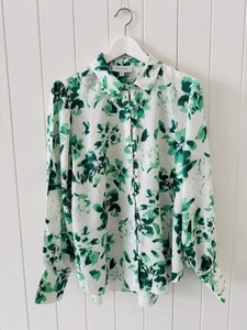 Witchery Linen Blouse Shirt Size 12 Green White Long Sleeve Button Up Collar - Picture 1 of 12