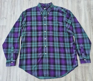 Vintage LL Bean Corduroy Button Up Shirt Adult Large Green Purple Plaid Outdoor - Picture 1 of 8