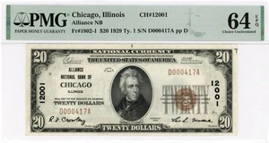 1929 $20 CHICAGO ALLIANCE NATIONAL BANK, CH# 12001 - PMG 64 EPQ, Fr. 1802-1 - Picture 1 of 2
