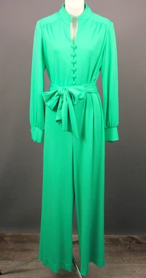 Vtg Women's 70s Bright Green Polyester Jumpsuit W/ Waist Tie Belt Sz M/L 1970s - Image 1 of 4