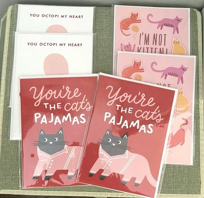 Acuñado ** LOTE DE 6 TARJETAS** Tarjetas de San Valentín / NUEVO Y SELLADO / Gatos / Pulpo Foto 1 de 3