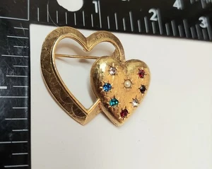 Emmons Double Hearts Faux Pearl Vintage Crystal Rhinestone Gold Tone Brooch Pin - Picture 1 of 4