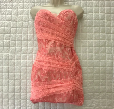 BEBE Womens Dress Small Coral Pink Lace Mini Sheath Retro Y2K Coquette Party - Image 1 of 4