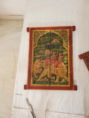 Ventana de madera Jharokha pintado a mano Radha Krishna elefante decoración tradicional arte Foto 1 de 4