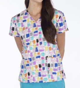 NWT Women's Large Cat Print Scrubfinity Basix Scrub Top - Picture 1 of 1