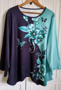 Ladies Size 3XL Top- Black & Turquoise, Handkerchief Hem, Stretchy, Tunic (134) - Picture 1 of 10