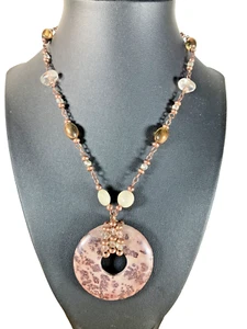 Lia Sophia Jasper Circle Pendant Necklace Adjustable Beaded Brown 18-21" - Picture 1 of 6
