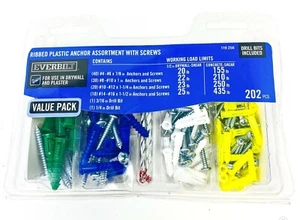202Pc Ribbed Plastic Anchors w Drywall Plaster Screws and 2 Concrete Drill Bits - Picture 1 of 3