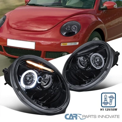 Fits VW 98-05 Beetle Glossy Black Smoke LED Halo Projector Headlights Head Lamps Foto 1 de 4