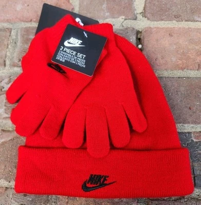 全新 Nike Youth Big Boys Lurex Futura 豆豆帽和手套 2 件套 红色 — 第 1/4 张图片
