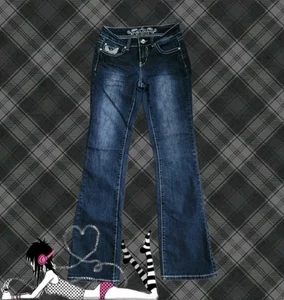 2000s navy blue low rise flare jeans with cute rhinestone embroidery - Picture 1 of 6