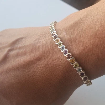 Brazalete de tenis de plata esterlina genuina con múltiples piedras de 7,5" - granate, amatista, topacio Foto 1 de 4
