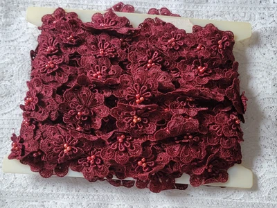 Vintage Beaded Embroidered Floral Lace Trim Bolt YARDS Flowers Burgundy Maroon - Image 1 of 4