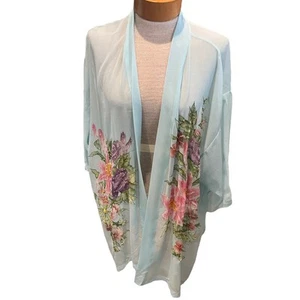 Kimono donna vintage Draper's & Damon's seta floreale bambino blu paillettes con perline - Foto 1 di 9