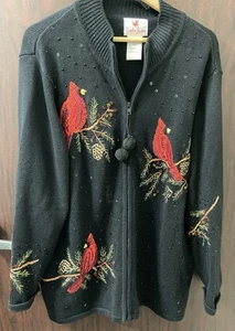Quacker Factory Women’s Black Embroidered Cardinal Zip Up Sweater Size 1X - Picture 1 of 5
