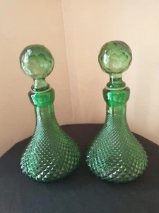 Pr. Empoli MC Italy Mini Green Diamond Point Decanters W/Stoppers - Picture 1 of 6