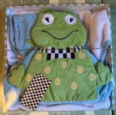 РЕДКИЙ MacKENZIE CHILDS лягушка с капюшоном полотенце мочалка комплект BABY мальчиков девочек новый в коробке - Изображение 1 из 3