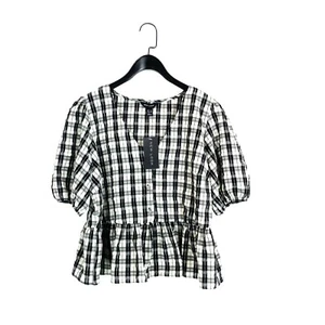 New Look Beige Black Check Button Up Seersucker Peplum Blouse - Size 16 NEW - Picture 1 of 13