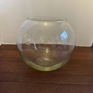 Clear Bubble Vase Fish bowl Round Center Piece Bowl Etched Grapes - Picture 1 of 5
