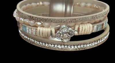 Fashion  Magnetic Bracelet  4 strands- FLOWER charm- beads-crystals- beige - Image 1 of 3