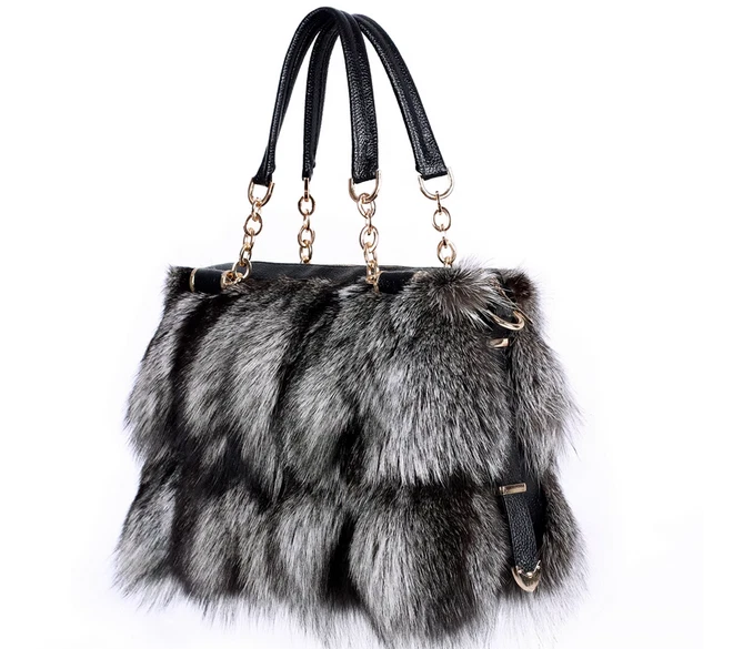 Bolsas femininas de pele de raposa genuína prata pele de raposa Pathwork pele real  - Imagem 1 de 4