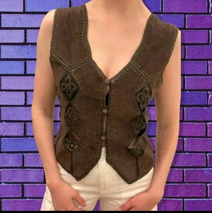 Vintage Shearling Vest Womens Small Suede Boho Gypsy Embroidered Western 70s - Picture 1 of 7