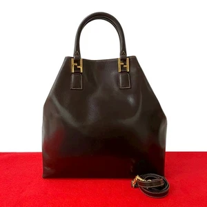 FENDI FF Logo Metal Shoulder Bag leather Brown 37881 - Picture 1 of 10
