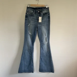 Judy Blue Jeans Sz 9/29 Blue High Waist Flare Distressed Denim Retro Festival - Picture 1 of 11