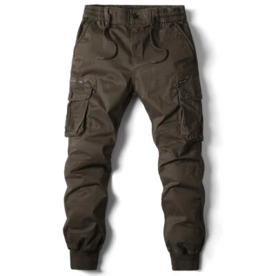 Mens Elasticated Waist Cargo Combat Work Trousers Joggers Pocket Cuffed Pants US - Image 1 of 4