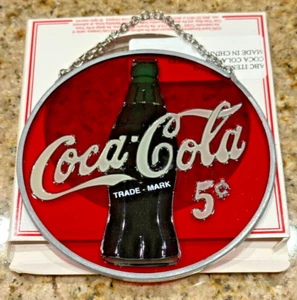 Vintage Coca-Cola 5 Cent Marke Buntglas hängender Sonnenfänger 4,5 Zoll - Bild 1 von 5