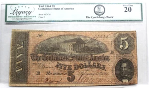 1864 $5 T-69 Confederate Sates CSA PF-9 LEGACY VERY FINE 20 LYNCHBURG HOARD - Picture 1 of 4