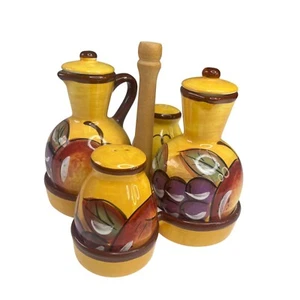 Ceramic Oil & Vinegar Cruet Set With Salt & Pepper Shakers Wooden Caddy Stand - Picture 1 of 11