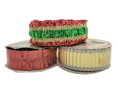 Vtg 3 Rolls Foil Wire Ribbon Ruffled Christmas Red Gold Green Garland Sterling - Image 1 of 4