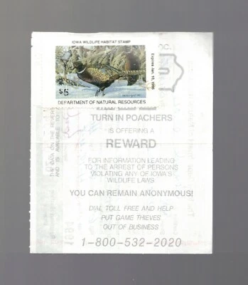 1994 IOWA WILDLIFE HABITAT STAMP STATE CONSERVATION USED on LICENCE  02-072047 - Image 1 of 4