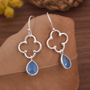 Blue Chalcedony Pear Shape Sterling Silver Open Flower Earrings For Mom’s Bday - Picture 1 of 9