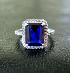 💍NEW 5 LAB BLUE SAPPHIRE/ 925 STERLING EMERALD CUT ZIRCON HALO RING - Picture 1 of 12