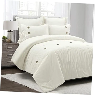  Juego de edredón de 5 piezas de lino con botones de granja, blanco roto - King blanco roto Foto 1 de 4